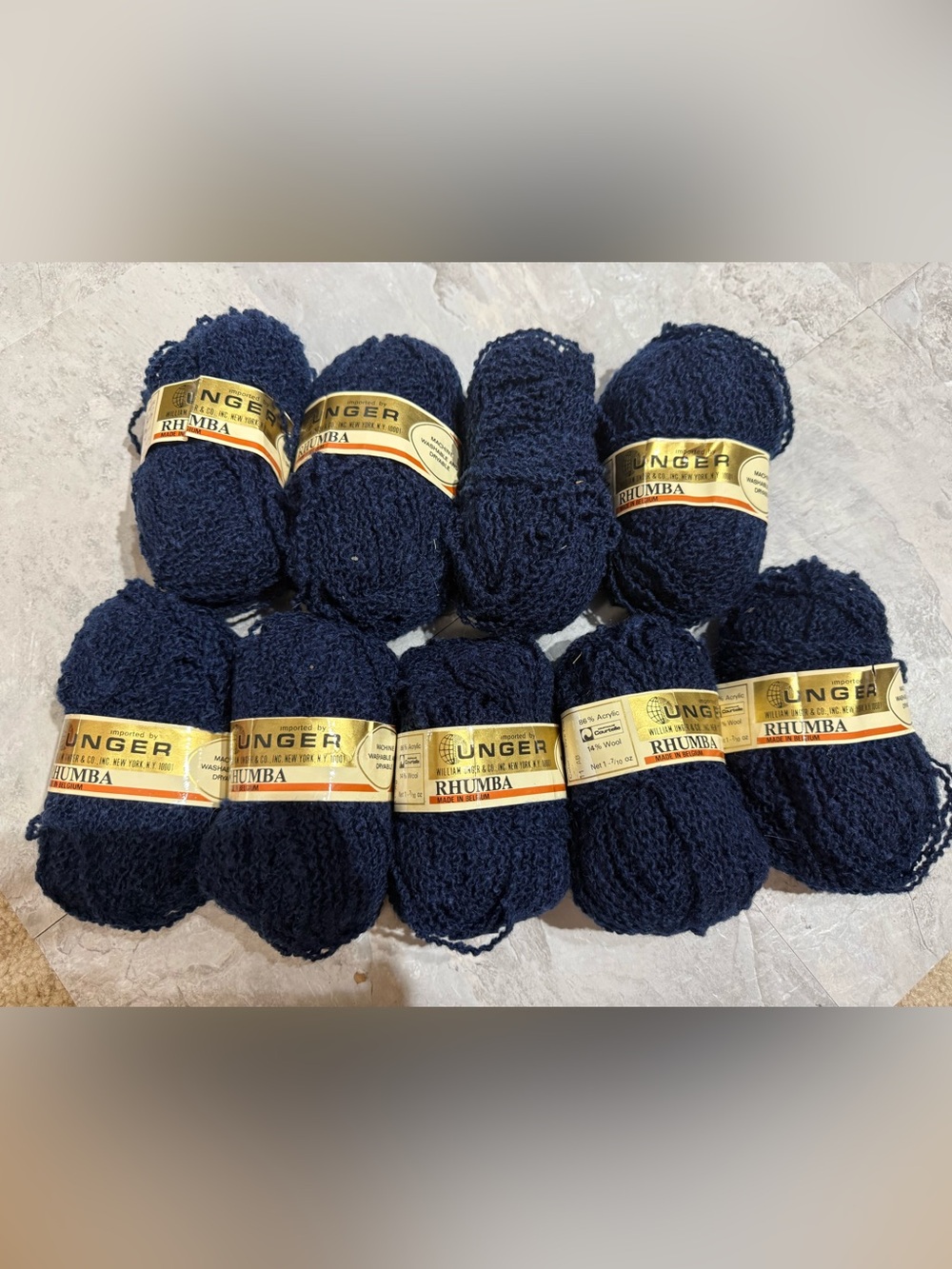 9 Vintage Unger Rhumba Yarn Navy Blue Boucle Wool Blend, Made in Belgium